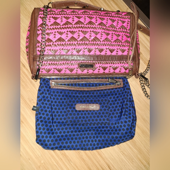 Rebecca Minkoff Pink/Brown Leather Woven Crossbody Gold Stud and Chain Accents. - Picture 9 of 11